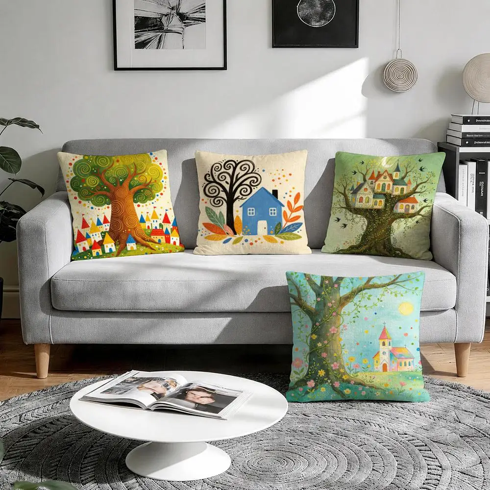 Retro Hand-Painted Watercolor Town Cushion Cover Natural Breathable Durable Linen Printed Decor Pillow Case Sofa Bedroom
