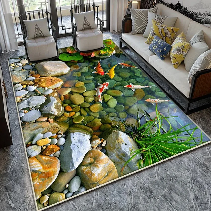 3D Fishpond Luxury Rug for 200x300 Living Room and Bedroom Easy-Clean Non-Slip Decor