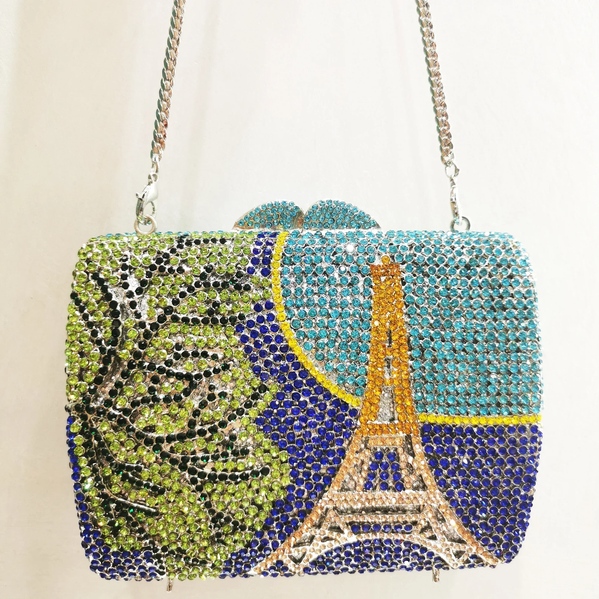 

XIYUAN Women Eiffel Tower Blue Diamond Purse Wedding Bridal Hollow Fashion Lady Evening Bag Crystal Banquet Party Dinner Handbag