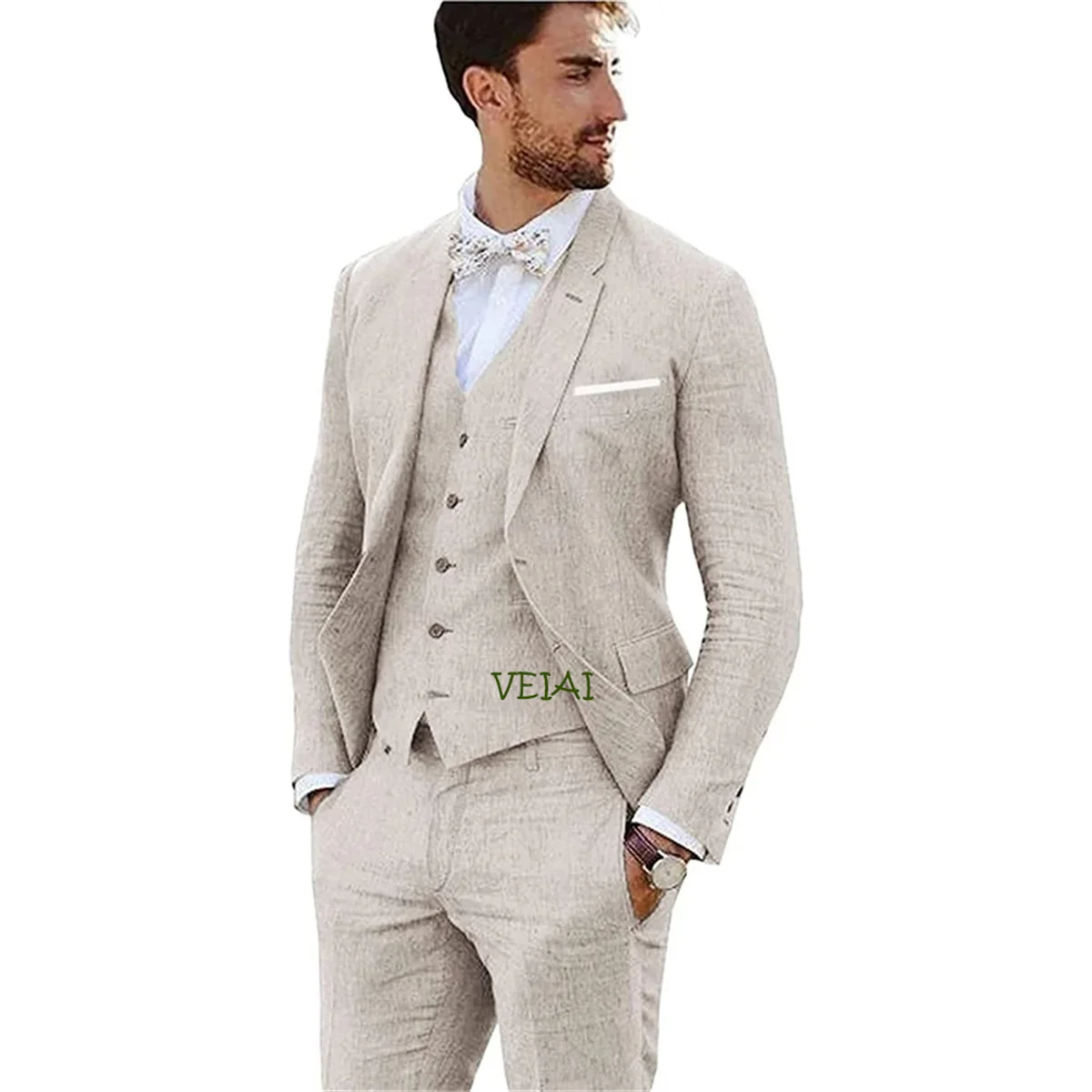 New Design Linen Suit for Men 3 Pieces Formal Wedding Prom Set Slim Fit Jacket Groom Best Man Tuxedo Costume Homme Suit