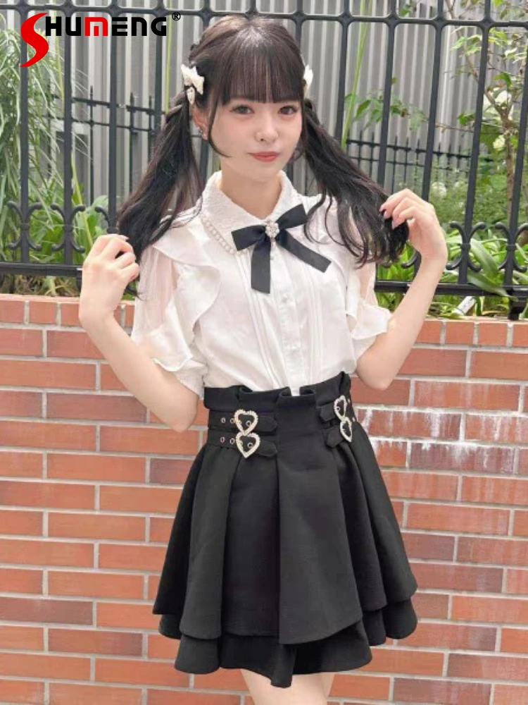 Sweet High Waist Slimming Double-Layer Mini Skirt for Women 2023 Summer New Japanese Love Decorative Lolita Style Black Skirt