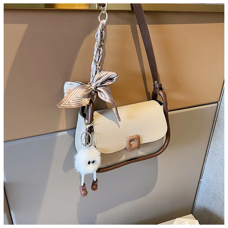 Popular One Shoulder Bag Girl Autumn One-shoulder Messenger Bag+ Small Pendant Texture Underarm Small Bag with Scarf Bow Weaven