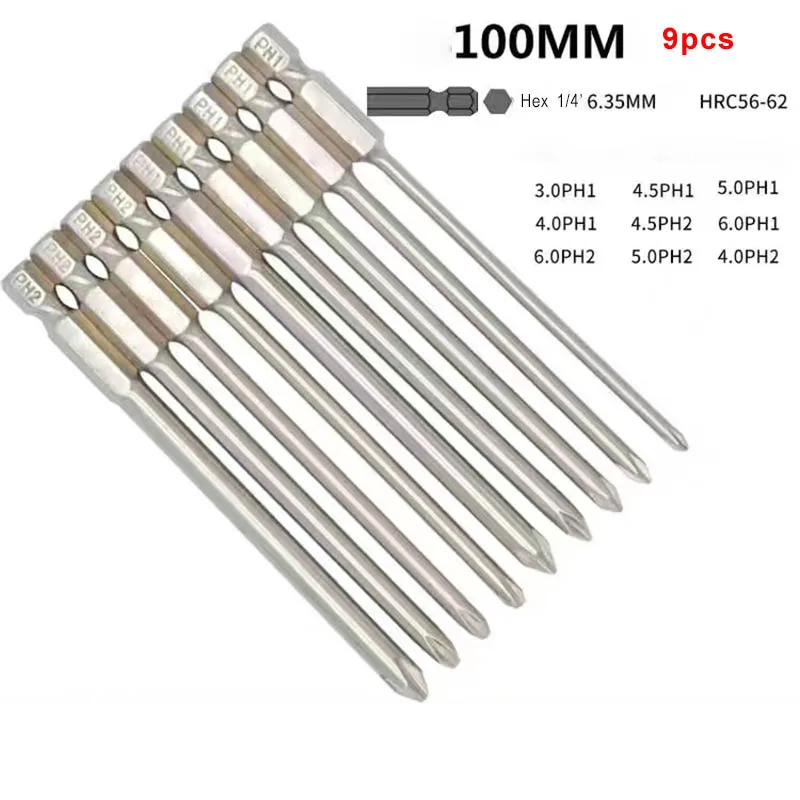 9pcs/set 100mm Shank 1/4 inch S2 Alloy Steel Magnetic Hex Cross Phillips Head Screwdriver Bit Set Tools PH1 PH2 Screwdriver Head