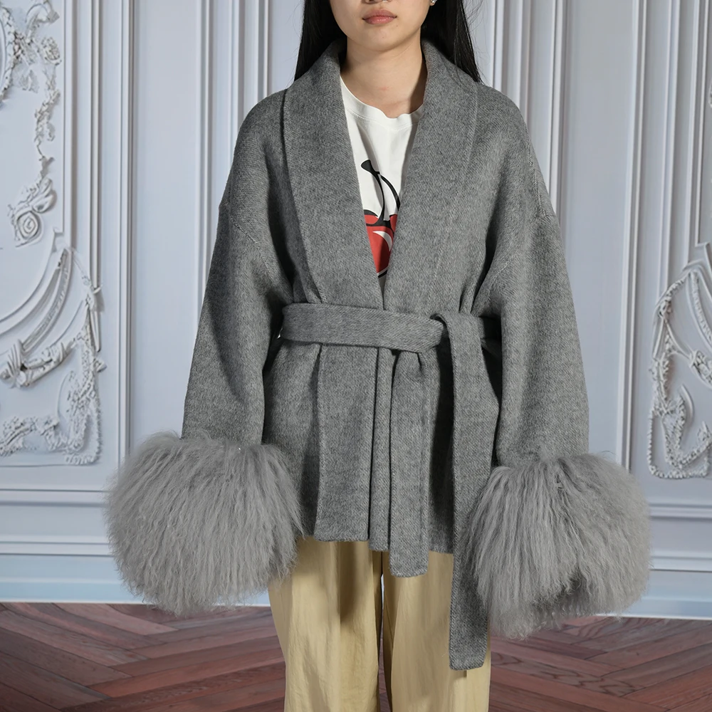 Jxwatcher Women's Wool Coat with Natural Mongolian Sheep Fur Cuffs 2025 Winter Clothing Ladies New Design Woolen Jacket Autumn
