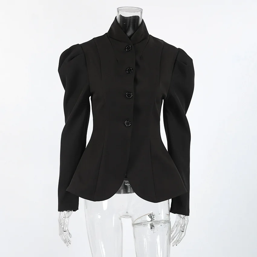 الفرنسية أنيقة الرجعية الوقوف طوق سترة سوداء 2026 الخريف/الشتاء أنيقة نفخة الأكمام مكتب معطف للنساء السترة #6