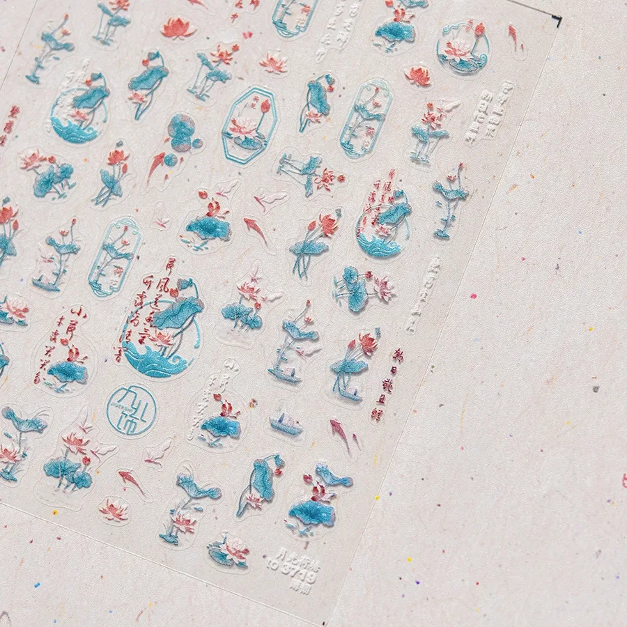 Oosterse blauwe en witte porseleinen nail art sticker delicate gouden overzicht bloemen nail art Chinese vintage keramische manicure sticker