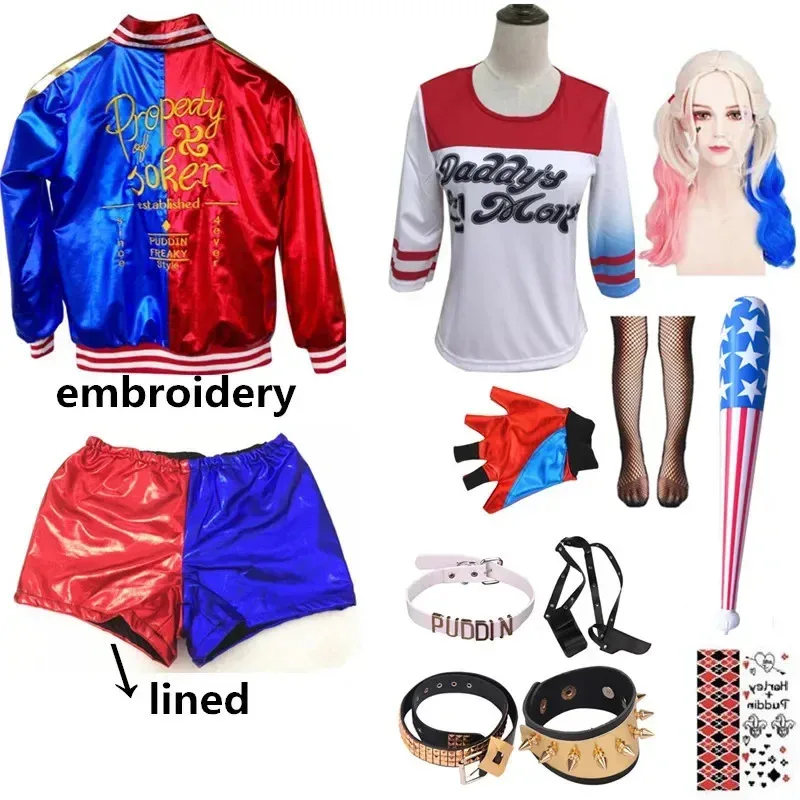 Juguetes calientes suicidio Harley cosplay disfraces de escuadrón niñas adultas camiseta de Halloween pantalones brazalete chaqueta cinturón con peluca traje de Año Nuevo