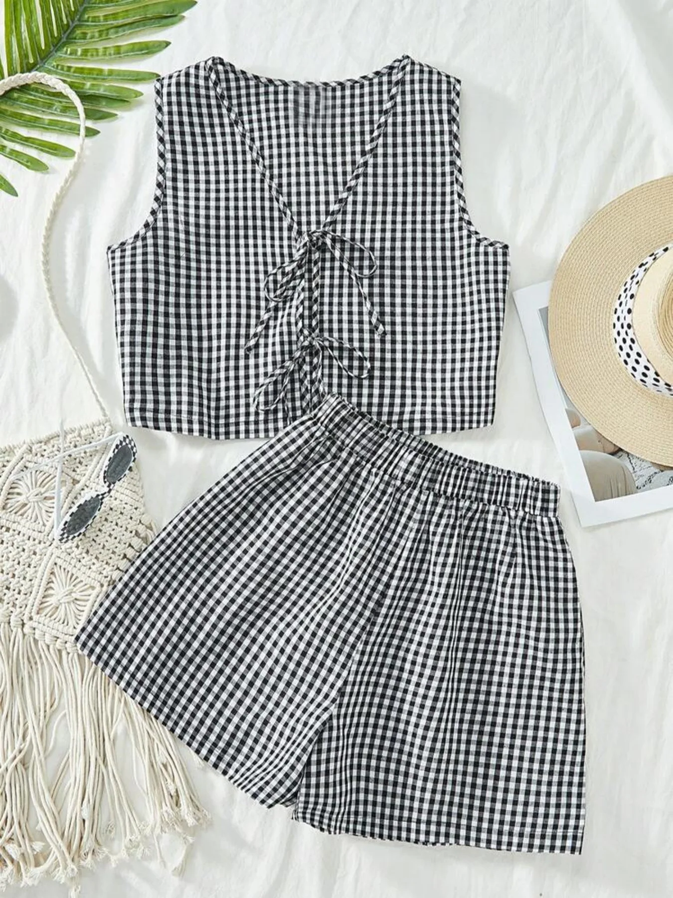 

Women's new casual plaid lace up vest shorts 2-piece set for travel vacation party refreshing set