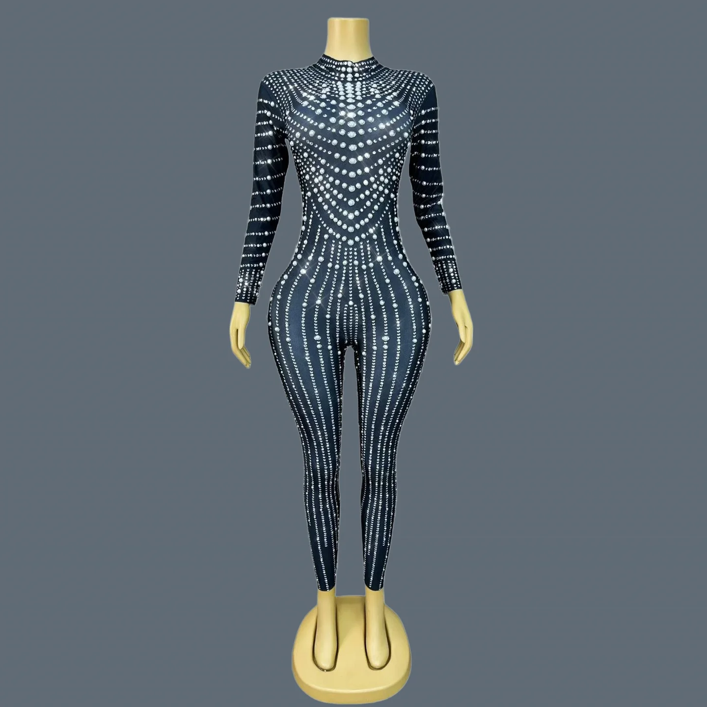 

Luxury Full Pearls Tight Fitting Jumpsuit Nightclub Singer Dance Stage Party Show Sexy Elegant Spandex Elastic Outfit Heizhenzhu