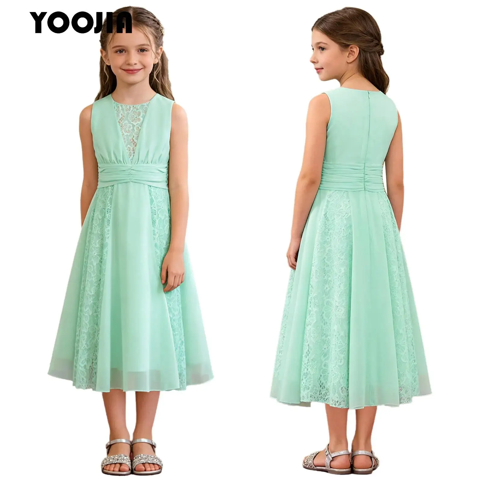 

Flower Girls Elegant Chiffon Party Dress Floral Lace Ruched Sleeveless Tea-length Flowy Party Gowns for Wedding Birthday Baptism