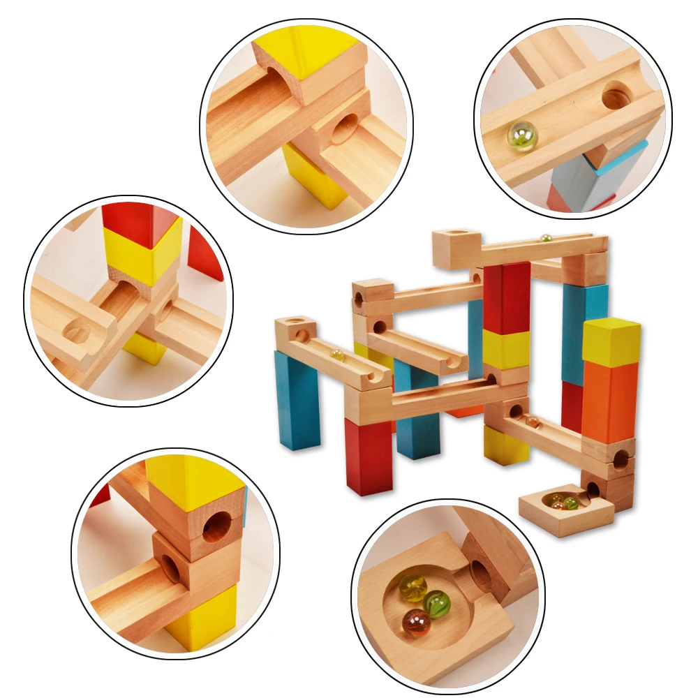 

Wooden Marble Run Building Blocks, Construction Ball Run Tracks Toys Montessori Wooden Toys Set STEM Educational Learning Toys