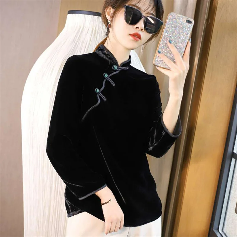 

Pleuche Kawaii Velvet Shirt Fall Winter Vintage Chinese Style Sexy Women Elegant Tang Dynasty Tops Temperament Turtleneck Blouse