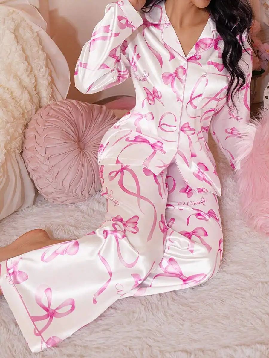 

Pink Bowknot Satin Pajama Set Women Sleepwear Cozy Elegant Fall Winter