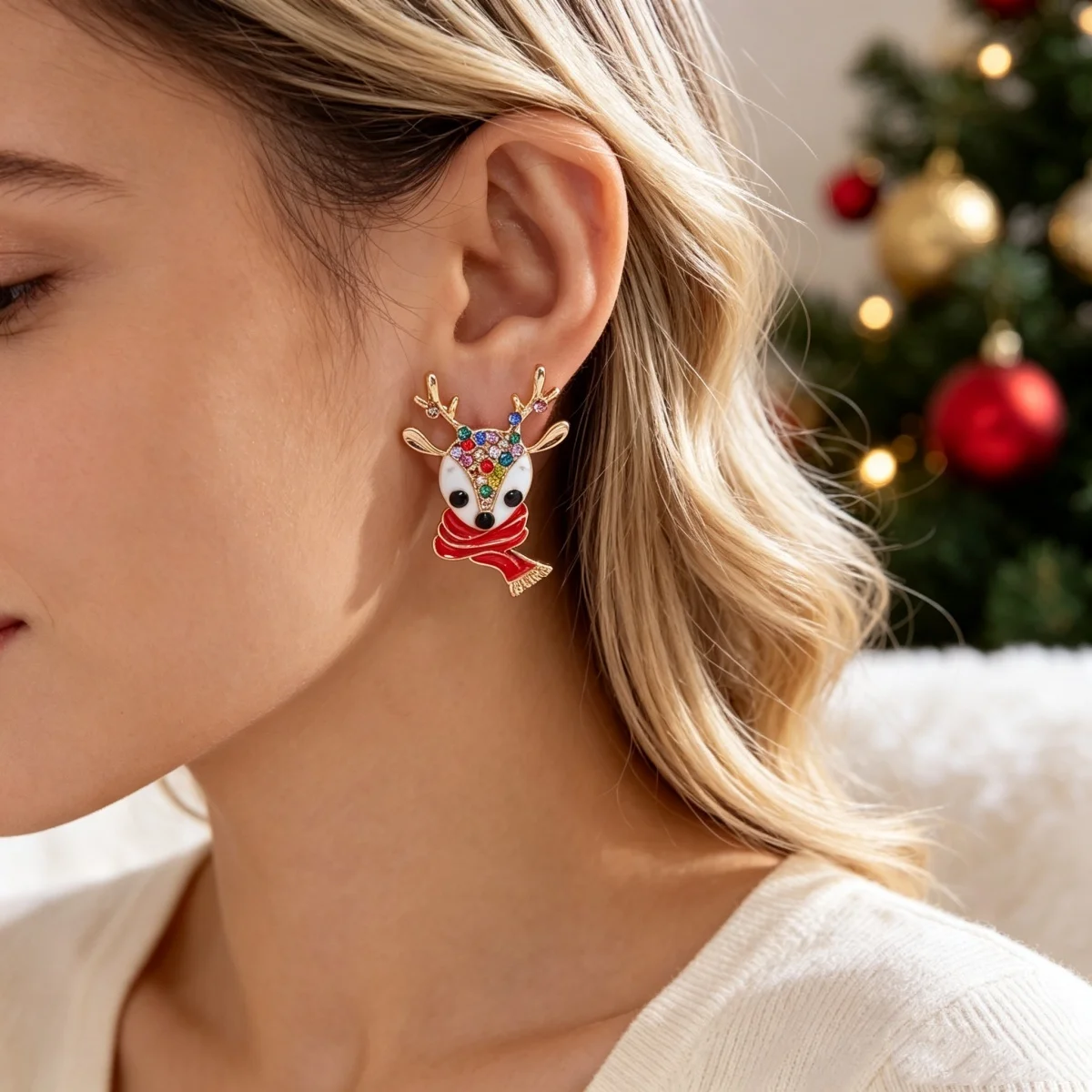 Weihnachtliche Zierliche Ohrringe mit Rotem Schal und Hirschmotiv für Damen, Bunte Strass-Rentier-Elch-Tier-Ohrringe, Neujahrs-Schmuck – Detail 8
