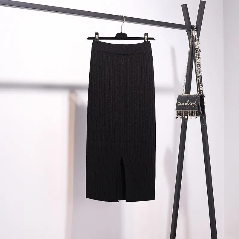 Autumn Winter Office Lady Aesthetic Elastic High Waisted Solid Color Women's Clothing Sweater Knitted Casual Elegant Half Skirt