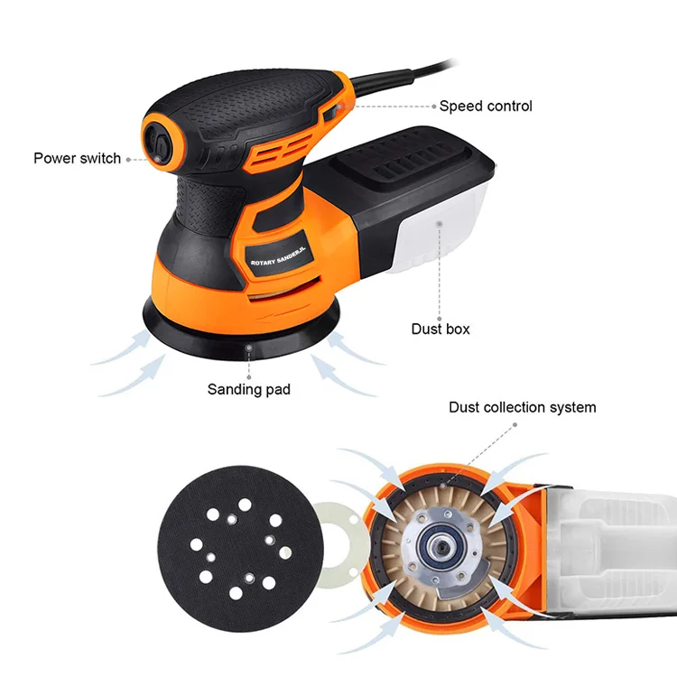 230v 125mm 350w electric Orbital  random Sander 5 6 inch wood roto machine vacuum with dust collector