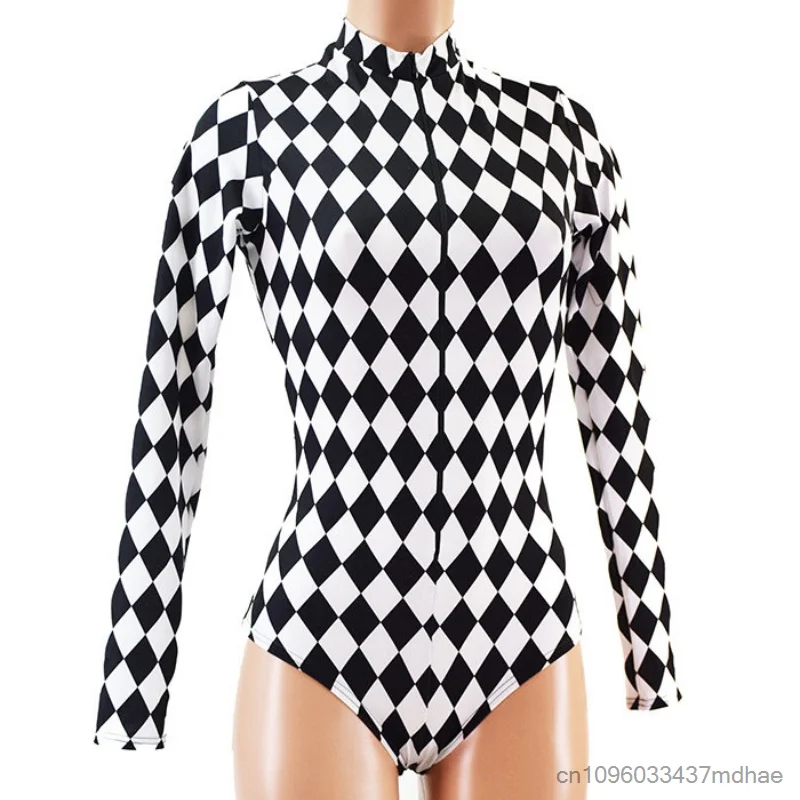Women's Dark Clown Cosplay Black White Argyle Long Sleeve Bodysuit Retro High Neck Swimsuit Music Club Party Performance Costume view 5