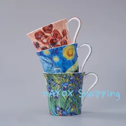 Creative Oil Painting Mug Coffee Cup,Bone China Mug with Retro Gold Edge Printing Water Cup, Large Capacity Cup Can Microwave