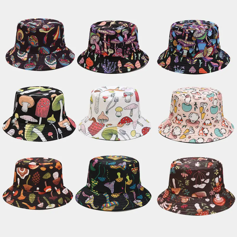 2022 Cotton Cartoon Mushroom Print Bucket Hat Fisherman Hat Outdoor Travel Sun Cap For Men And Women 02