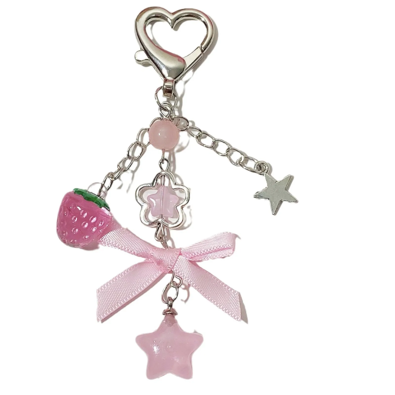 New Pink Five-pointed Star Girl Heart, Cute and Sweet Bag Pendant Strawberry Fruit Handmade Beaded Key Chains for Women