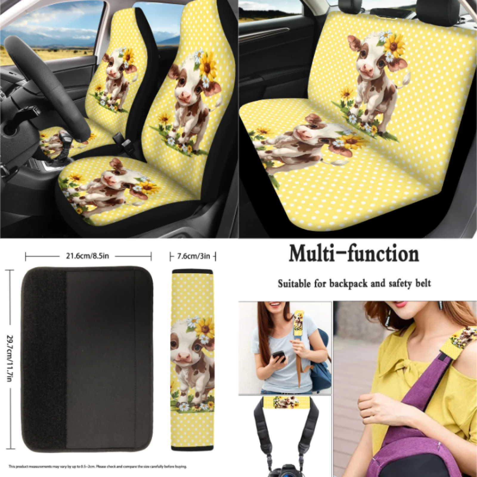 Coloranimal Flower Calf  15 PCS with Anti-Slip Steering Wheel Cover and Car Side Mirror Cover for Sedan