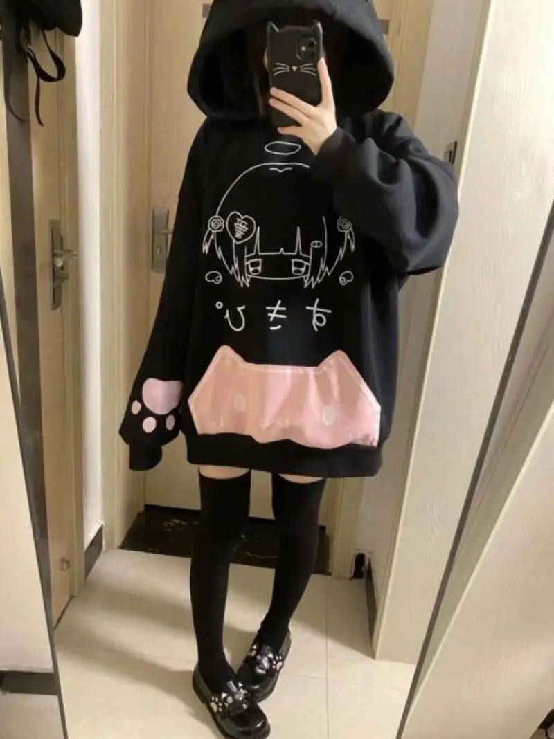 Japanse Y2K Cartoon Print Fleece Hoodies Vrouwen Harajuku Gothic Kat Oren Capuchon Vintage Hoody Streetwear Esthetische Sweatshirt