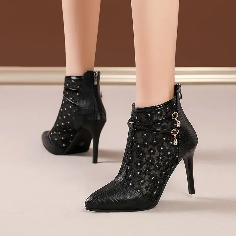 2024 New Spring Summer High Heels Women\'s Shoes Slim Heels Shallow Mouth Pointed Head Mesh Hollow Lace