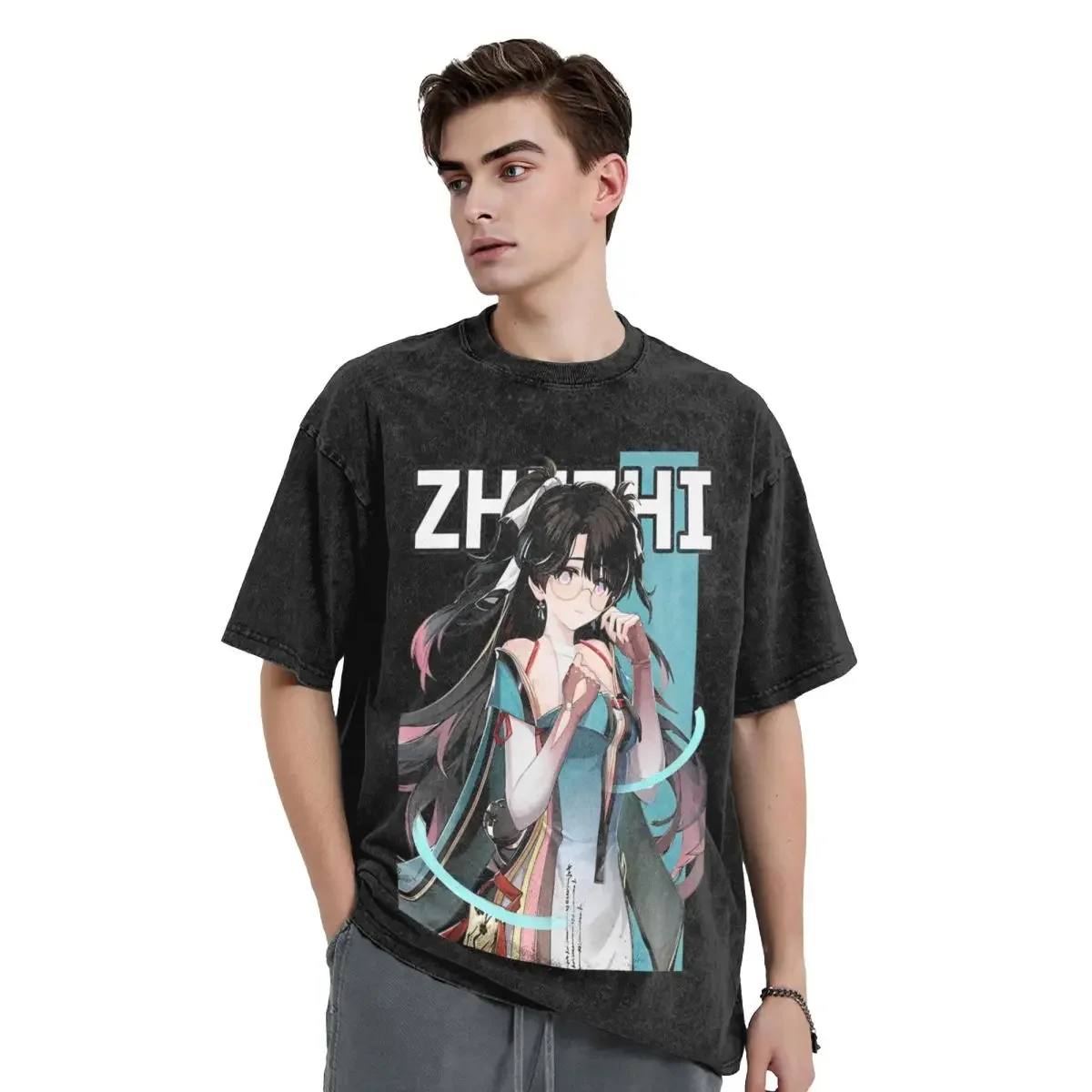 NG Washed Zhenzhi Wuthering Waves T-Shirt High Street Anime Game Streetwear 100% Cotton Graphic Tops Tee Shirt Men Women