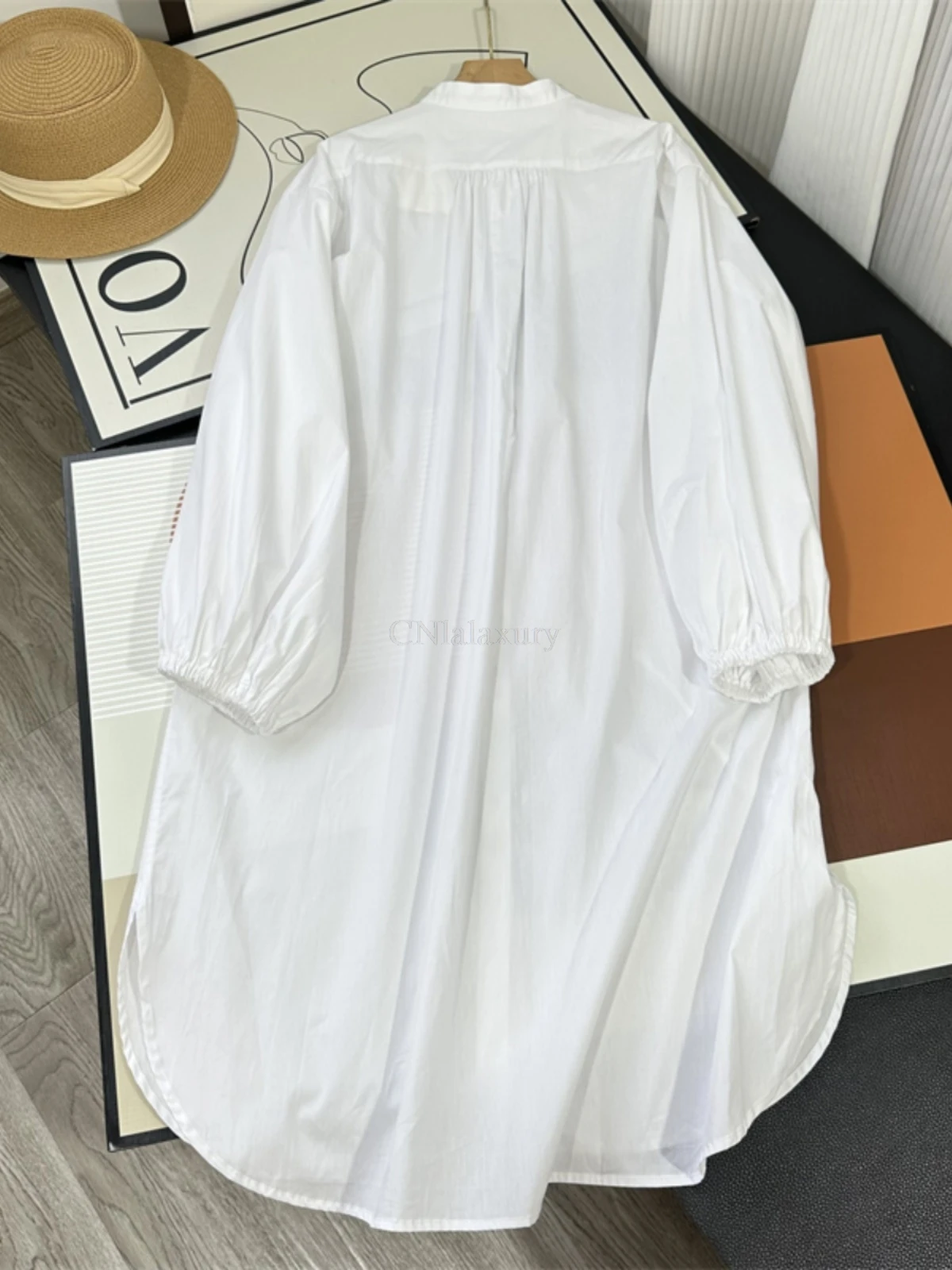 Cnlalaxury Spring White Women\'s Shirts Dresses 2024 New Single Breasted Straight Casual Loose A-Line Dress Pockets Female Robe