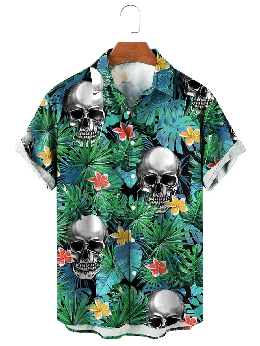 Unisex Fashion Skull Floral Men\'s Shirts Funny 3D Print Streetwear Short Sleeve Hawaiian Shirt Prints Lapel For Men