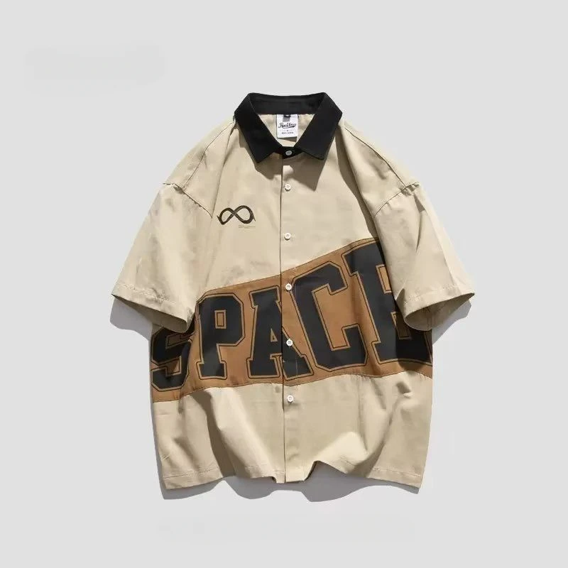 Summer American fashion brand Japanese retro color matching casual short-sleeved shirt loose men work wear hip-hop shirt fashion