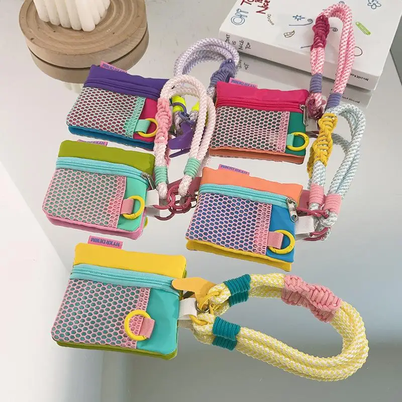 Washable Portable Dopamine Contrast Mesh Card Bag Phone Wrist Strap 1Pcs Lightweight for Outdoor Travel Daily Use