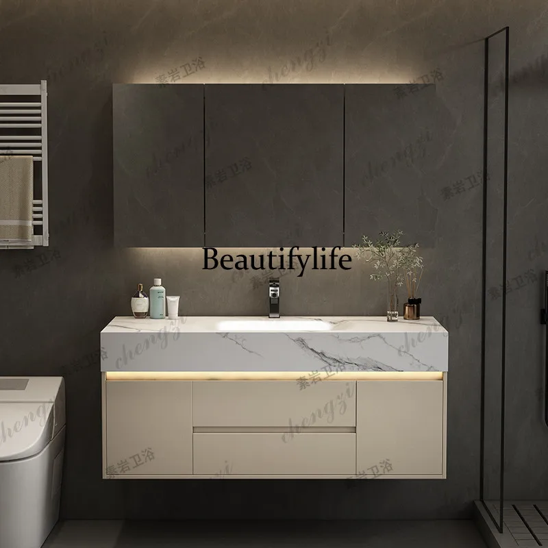Light luxury bathroom cabinet rock slab hot bending integrated basin toilet washbasin cabinet combination