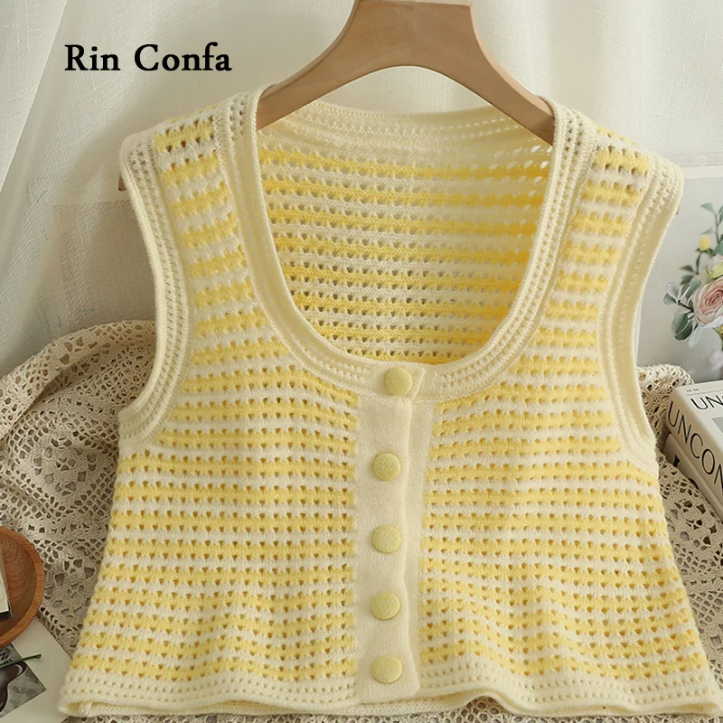 Rin Confa Autumn Fashion Hollow Out Single-Breasted Waistcoat Sweet Striped Bottom Collar Tops Women Slim Thin Knitting Cardigan