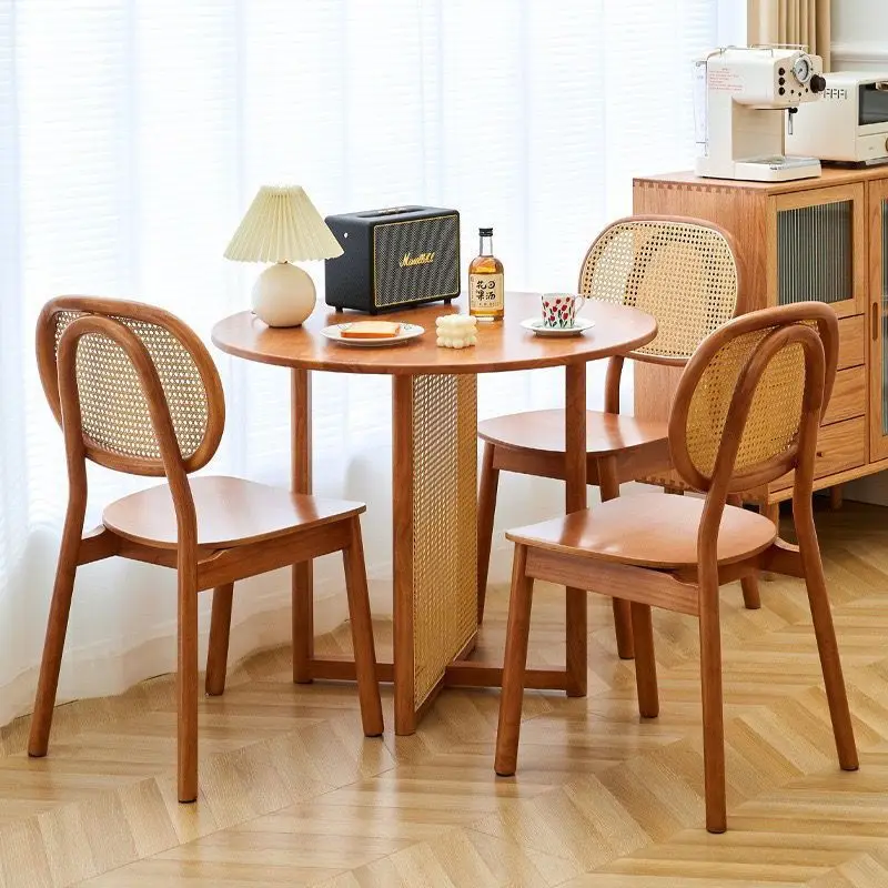 

Nordic Solid Wood Rattan Dining Table Japanese Chair Small Apartment Combination Round Homestay Simple Household Dining Table