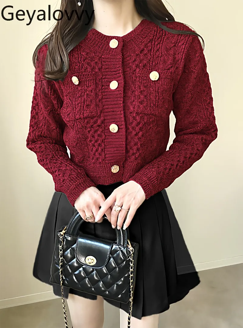 

Japanese Style New Sweet Versatile Single-Breasted Short Sweater Jacket Double Pocket Round Neck Pattern Knitted Cardigan