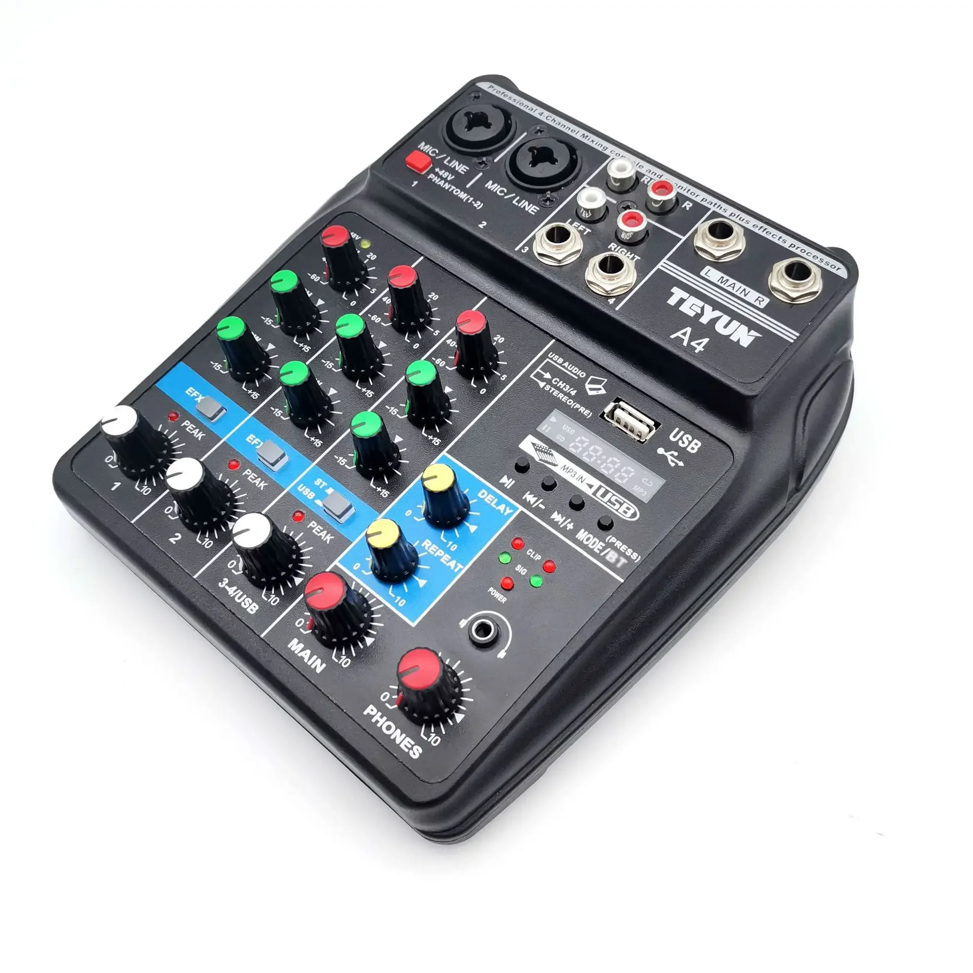 TEYUN-4-Channel Microfone Digital Mixing cartão profissional, telefone móvel, Transmissão ao vivo, Gravação do computador, DJ Equipamento Áudio