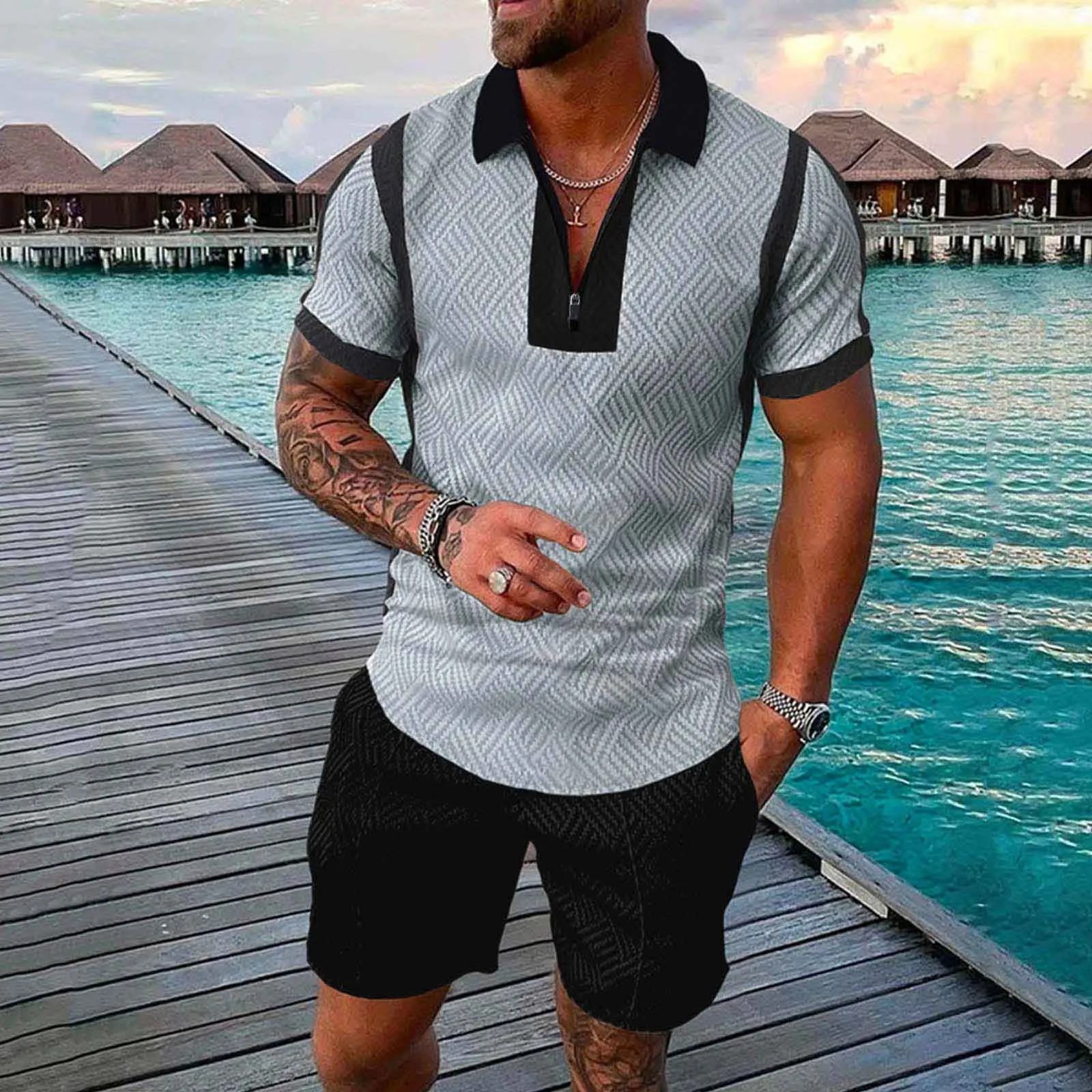 

New Men's Fashionable Two Piece Men's Comfortable Travel Holiday Casual Printed Zip Lapel Short Sleeve Shirt Top Shorts Set
