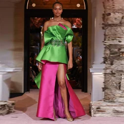 Green And  Fuchsia Mermaid Evening Gowns Sexy Strapless Ruched Satin Lace Appliques Prom Dresses High Split Formal Party Dress