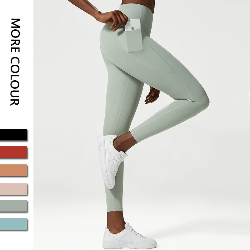 Women Solid Color Ankle Length Yoga Pants Super Stretchy Nylon High Waist Leggings Side Pocket Light Weight Gym Workout Tights