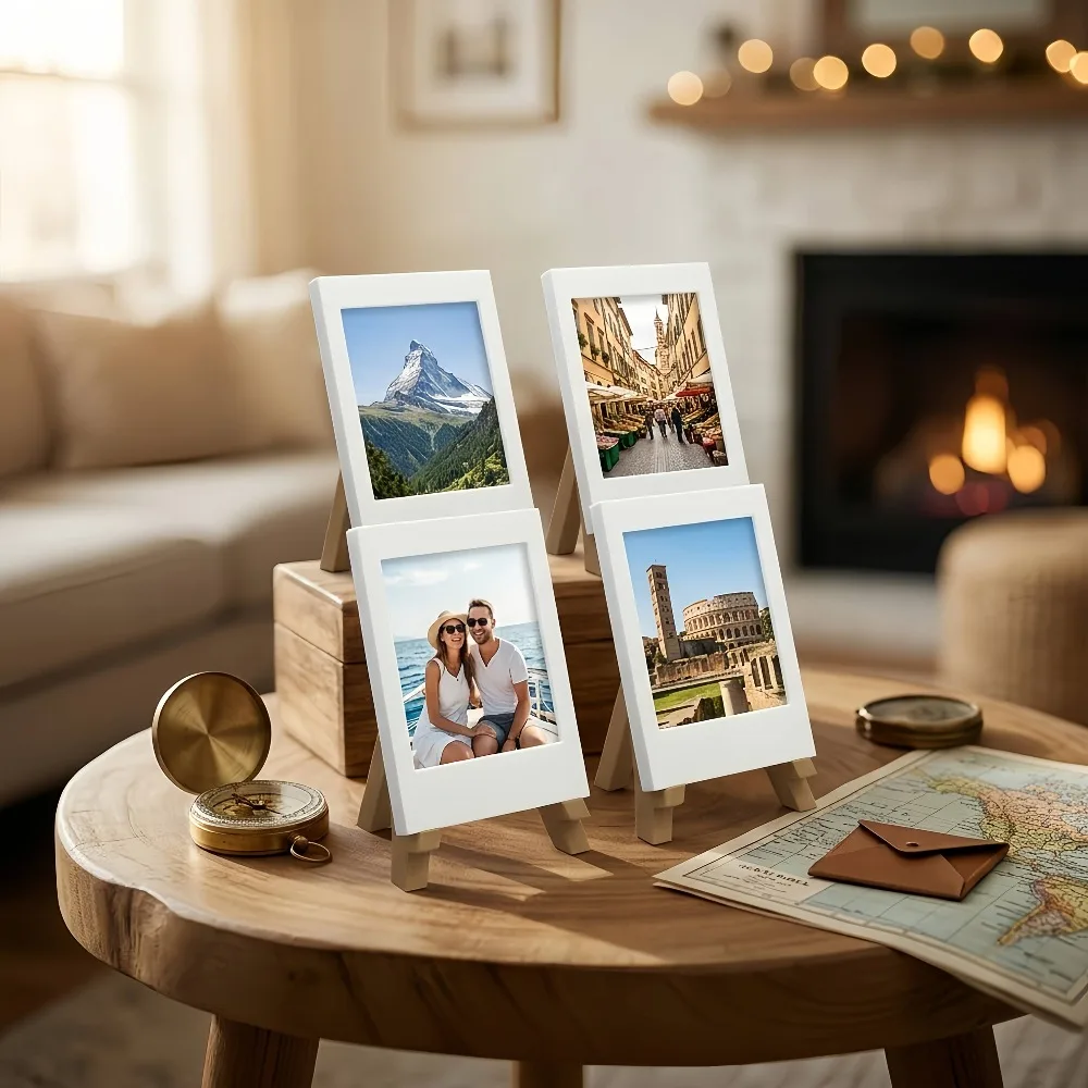 White Mini Instant Photo Frame, Easel Style Desktop Picture Holder, Reusable Photo Display Stand, Desk Decor Gift for Friends