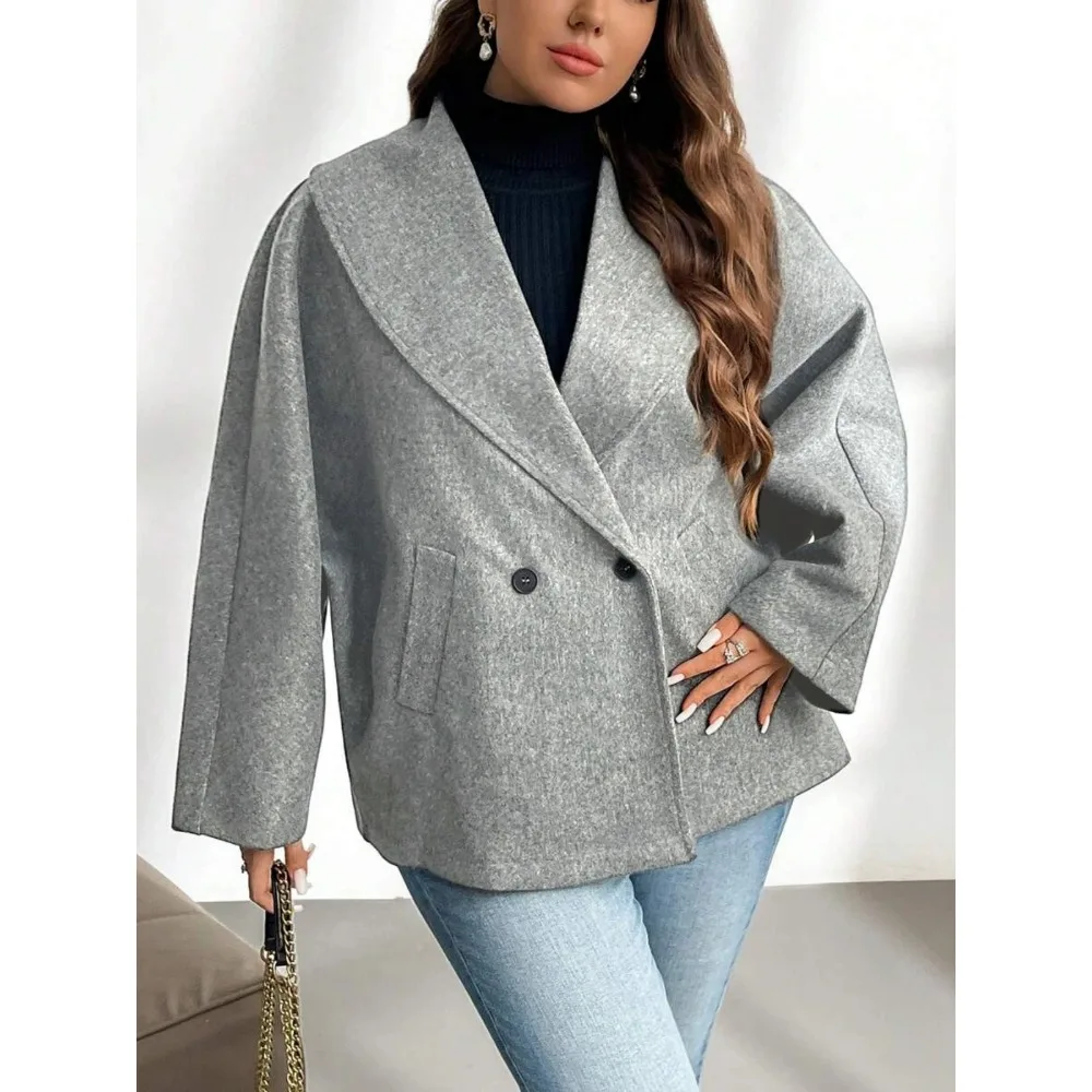 Nuevo abrigo corto de manga larga con solapa holgada para mujer, informal y cómodo con bolsillos, cálido y resistente al viento, abrigo de otoño e invierno