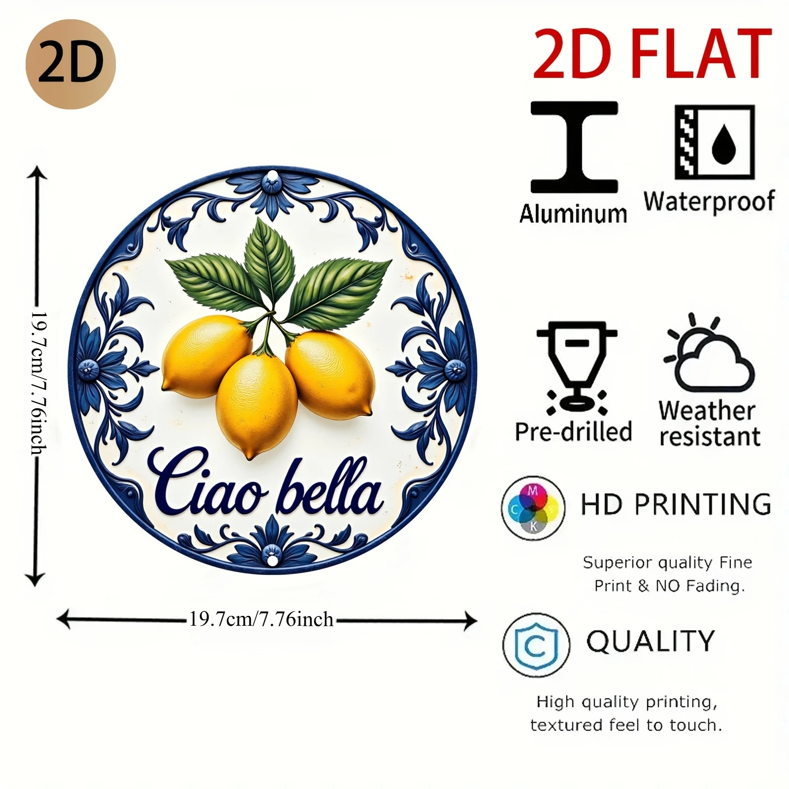 2D Plane Italian Themed Ceramic Wall Art with Lemon Motif and Ciao Bella Text, 2D Flat, Perfect for Room Decor