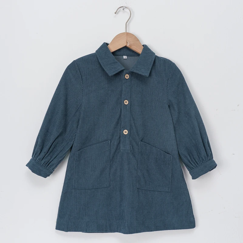 Lässiges Cordkleid für Mädchen 2026 Retro Herbst Neu Kinderkleid mit Revers Knöpfen Langarm mit Taschen Winterkleidung – Detail 30