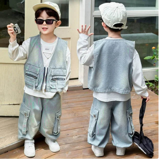 Boys Set 2026 Autumn Spring Korean Style Fashion T-shirt Trendy Blue Solid Color Denim Vest Work Pants Three Piece Sset