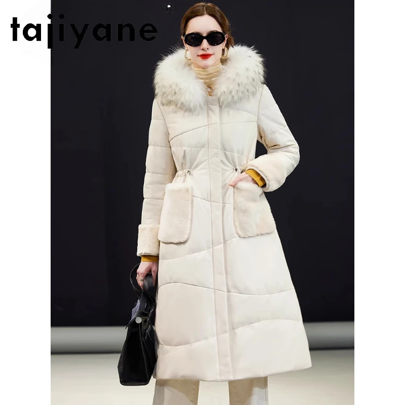 

Tajiyane Real Leather Down Jacket for Women Winter Genuine Sheepskin Coat Luxury Raccoon Fur Collar Warm Loose Long Down Coats