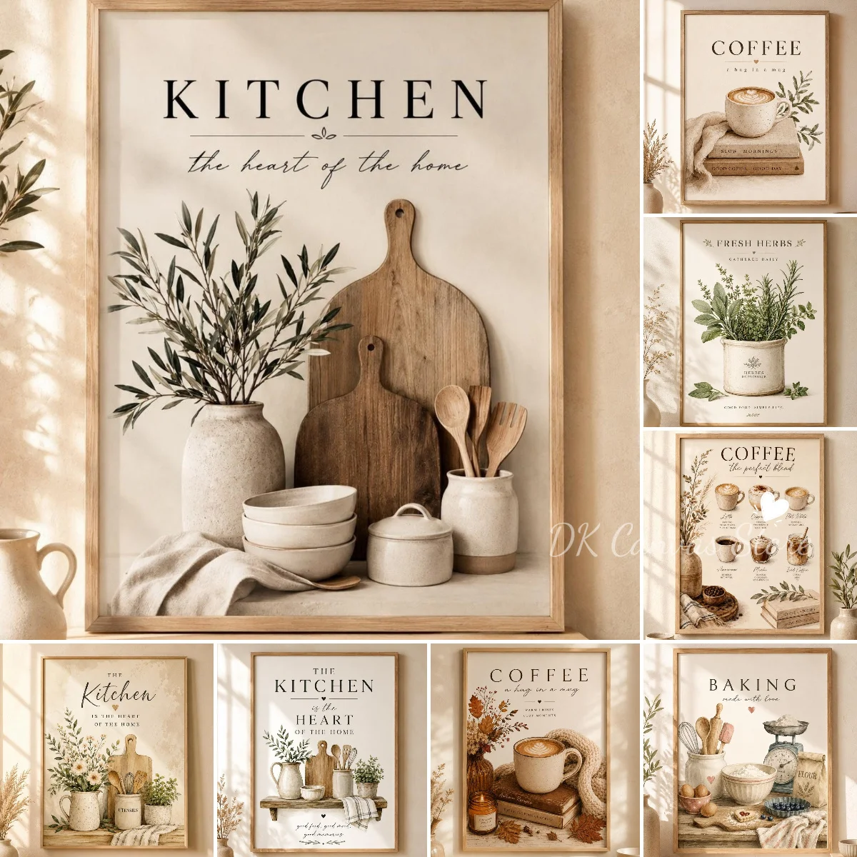 2D Flat Scandinavian Kitchen Canvas Print Poster Neutral Minimalist Rustic Farmhouse Art Print Restaurant Dining Room Home Decor