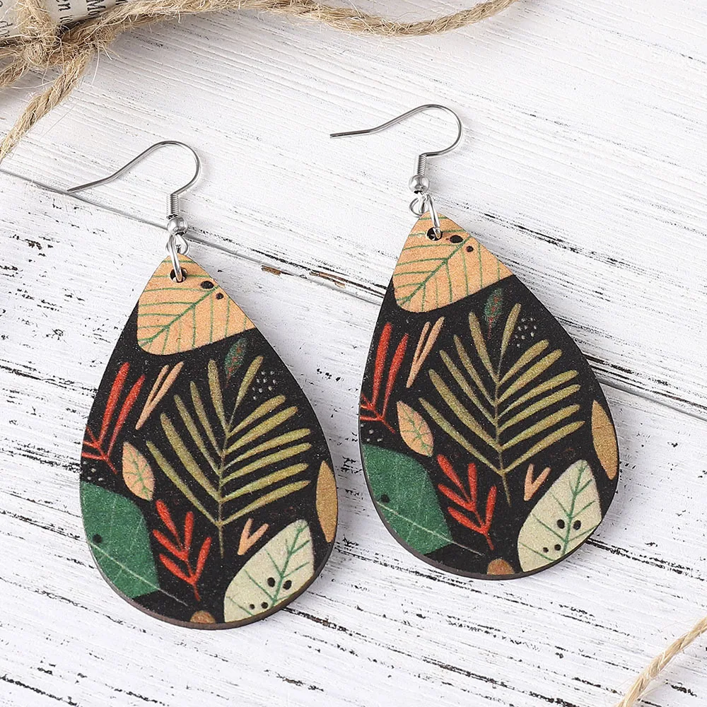 New Summer Rainforest Leaf Earrings With Double Sided Wood Droplet Earrings Personalized Dangle Earrings For Women Gift