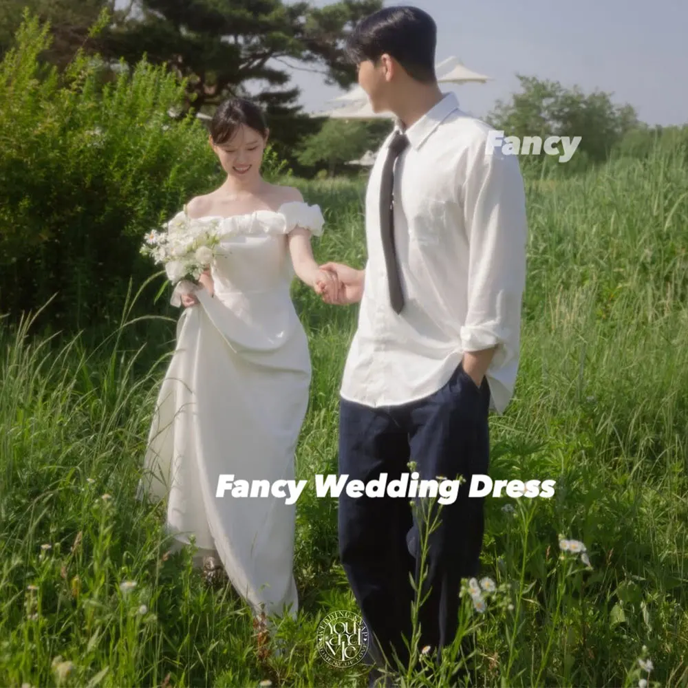 Fancy Princess Off Shoulder Wedding Dress A Line Soft Satin Korea Photo Shoot Bridal Gown Back Corset Customized