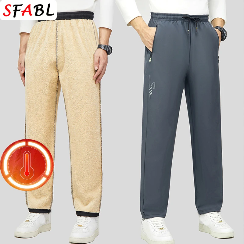 New Winter Fleece Pants Men Jogging Running Sweatpants Casual Drawstring Pants Warm Fleece Lining Straight Trousers for Men 2026